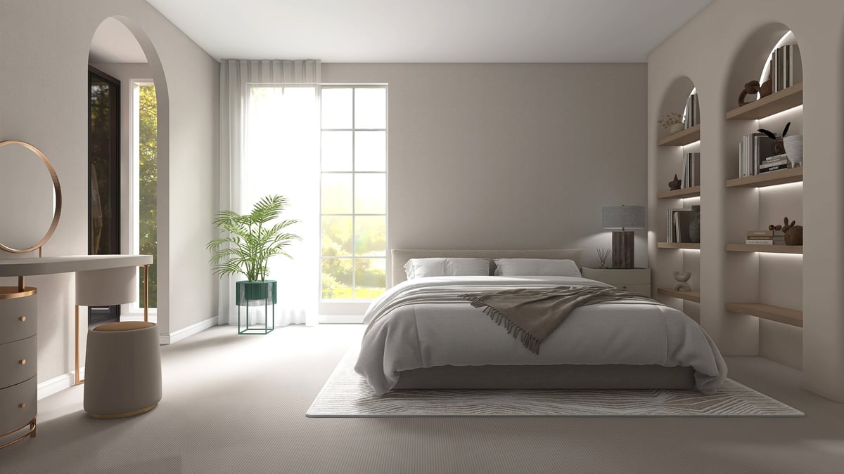 Modern beige bedroom with bed on rug, dressing table, built in shelf with arch, walk in closet in sunlight from window on wall for luxury interior design decoration, furniture product background 3D