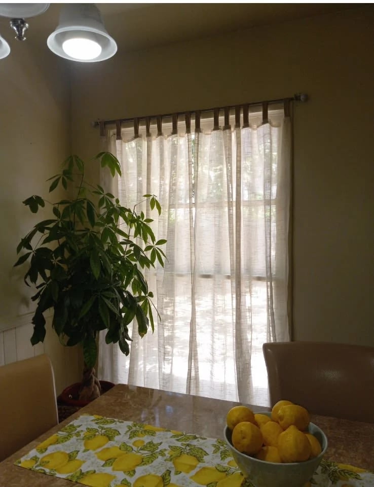 Dining room with table, potted plant, bowl of lemons, and sheer curtains covering glass doors with modern ceiling light